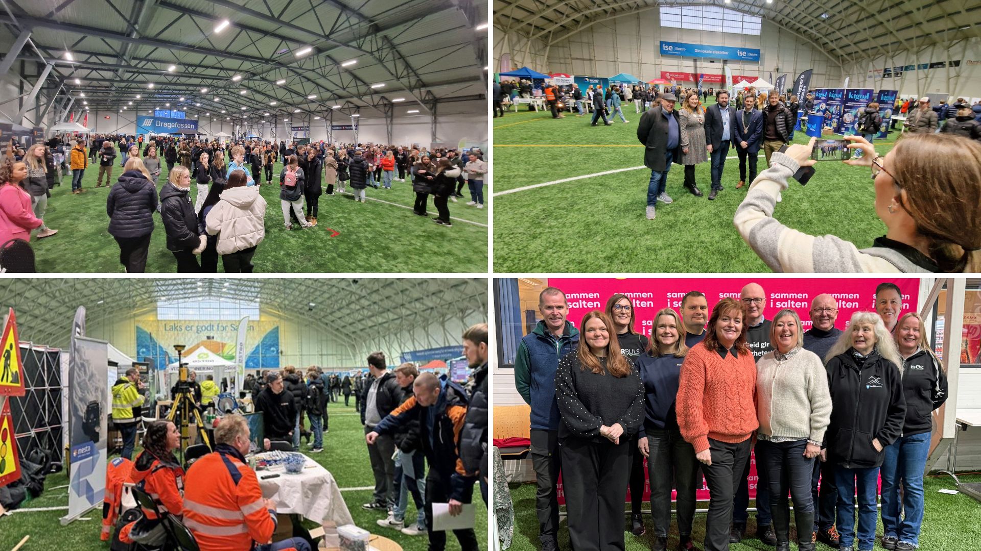 Foto: Flere engasjerte grupper, blant annet stiller ordførerne i alle kommunene stolt opp for å snakke med ungdom og bedrifter på stand. Nede til høyre er arrangørene fra forrige Framtidsjobb 2025 svært fornøyd med dagen.