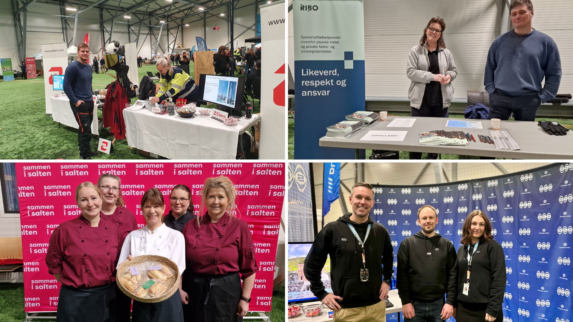Foto: Bildedryss fra Framtidsjobb 2025, oppe til venstre med Elkem Salten, oppe til høyre RIBO, nede til venstre fra lokalmat og nede til høyre SKS klar til å ta imot besøkende.